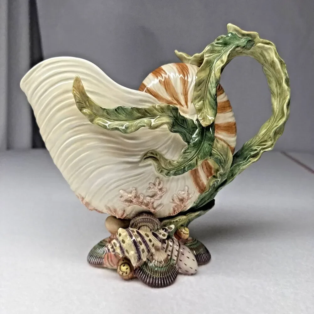 Fitz & Floyd Oceana Nautilus Shell Pitcher 1998 Large Coastal Seashell Vase
